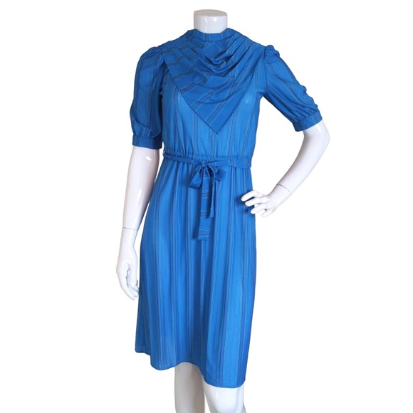 Vintage Teal Blue Striped Ruffle Neck 3/4 Sleeve Midi Dress - Picture 1 of 13